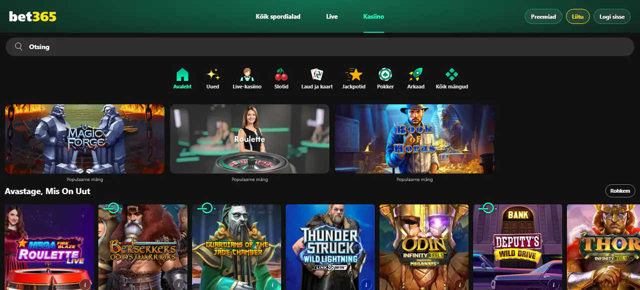 bet365 kasiino lobby: mängude otsing, kategooriate riba ja uute mängude rida