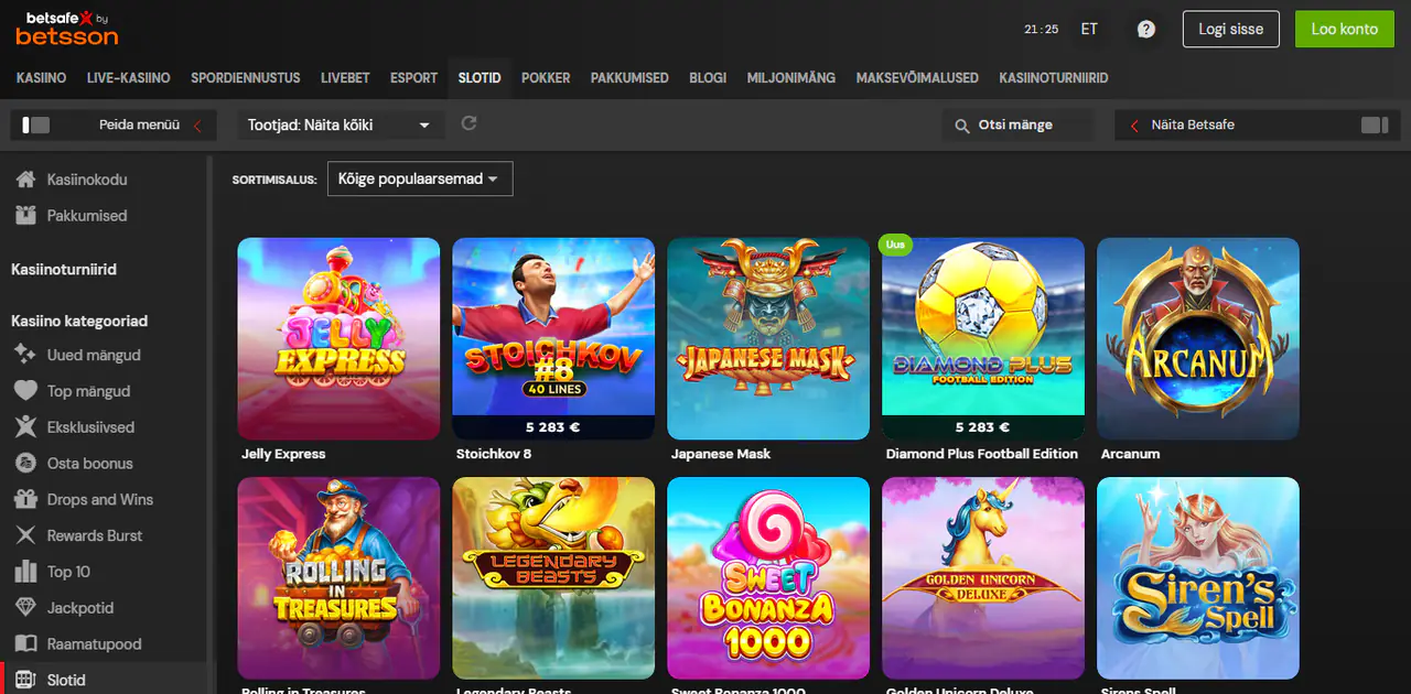 Betsafe kasiino slotide lobby: kategooriate menüü, mängutootjate filter ja slotide ruudustik