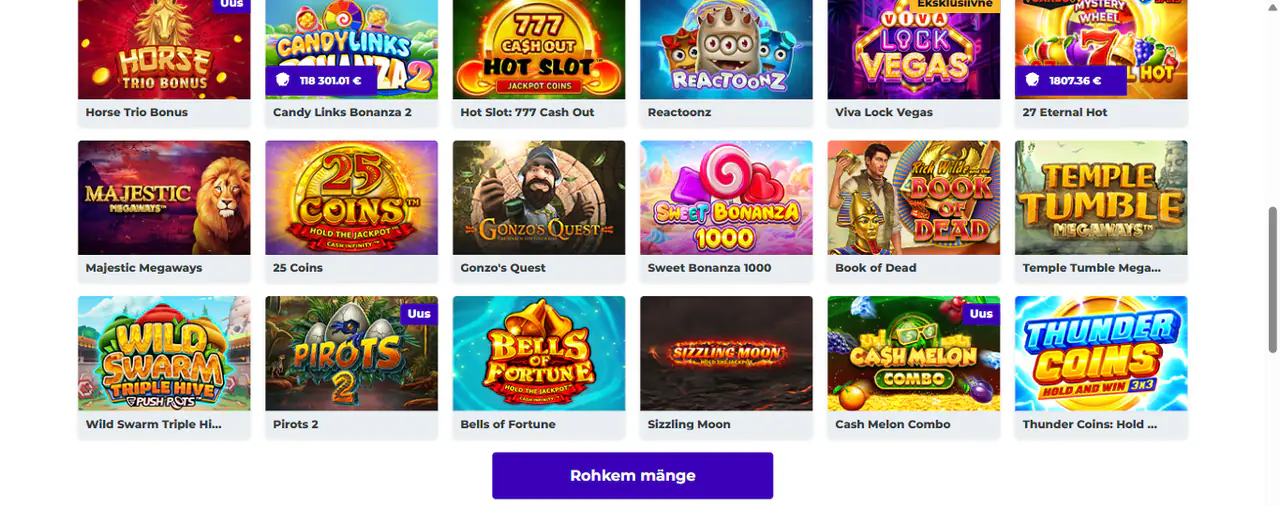 Boost Casino mängude ruudustik, sh Book of Dead ja Gonzo’s Quest