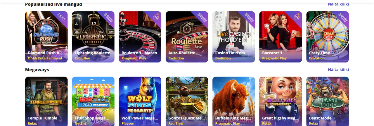 Casino Daysi live-mängude ja Megaways slotide read, sh Lightning Roulette ja Crazy Time