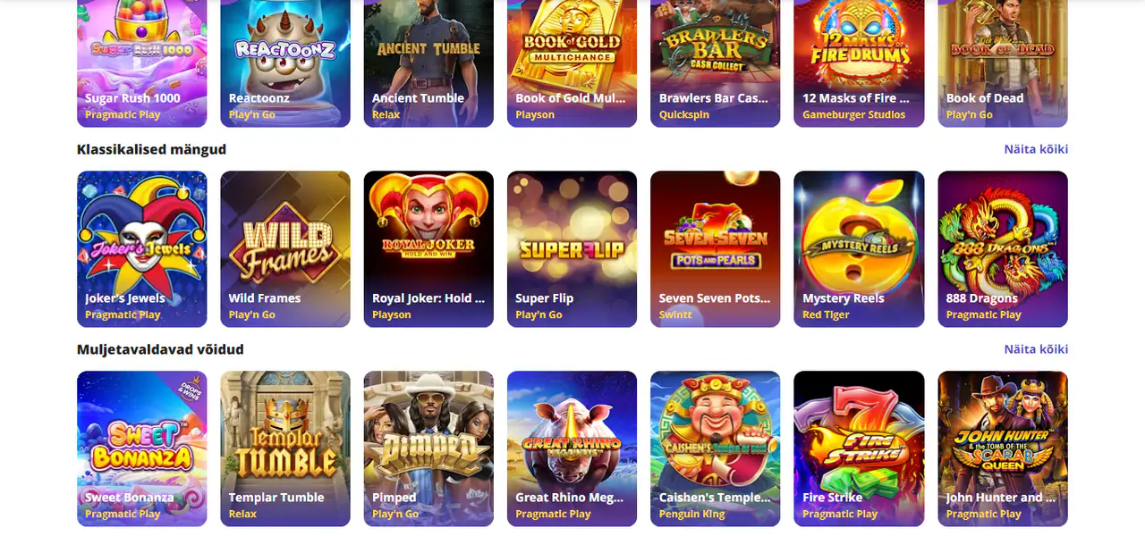 Casino Daysi lobby: klassikaliste slotide ja suurte võitudega mängude read koos tootjaga