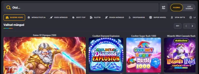 Coolbeti kasiino lobby: otsing, kategooriate riba Eesti TOP, Slotid ja Crash mängud ning valitud mängude rida