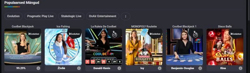 Coolbeti live-kasiino: tootjate filter Evolution, Pragmatic Play Live, Stakelogic Live ja populaarsed lauad, sh Coolbet Blackjack