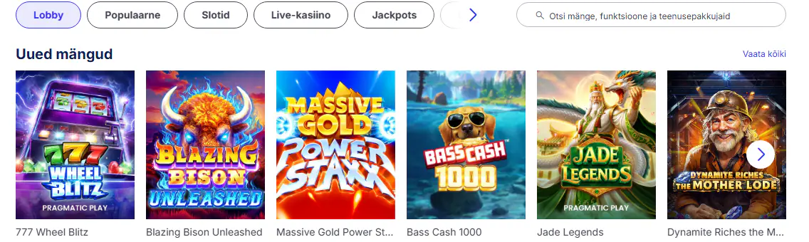 Fruta kasiino lobby: vahekaardid Lobby, Populaarne, Slotid ja uute mängude rida