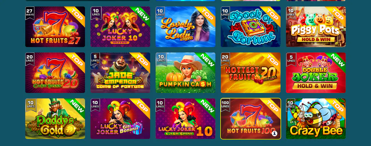 GrandX kasiino slotide ruudustik märgistega TOP ja NEW, sh Hot Fruits ja Book of Fortune