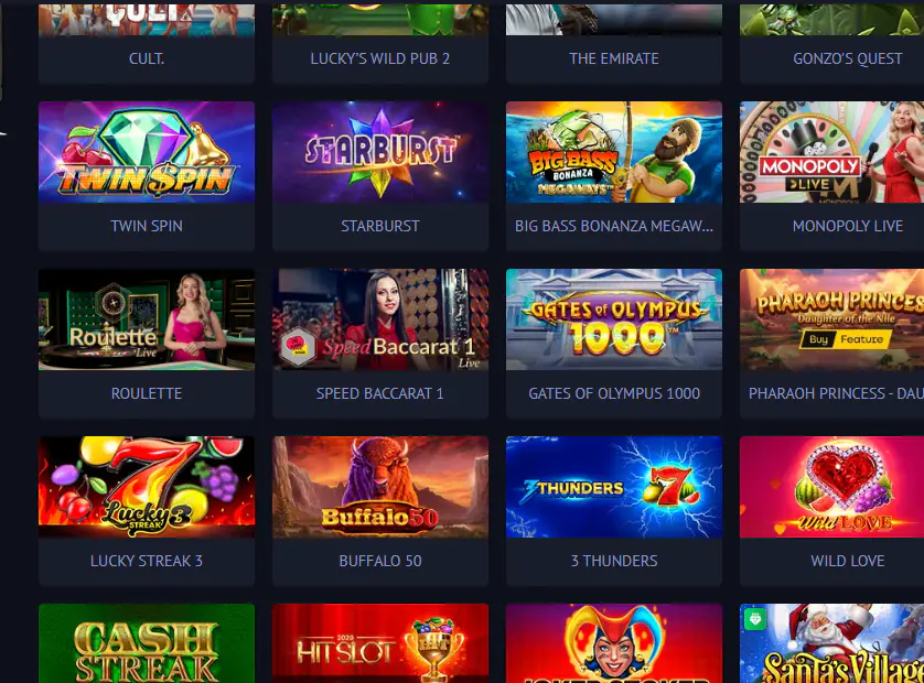 Kingswini kasiino mängude ruudustik: slotid ja live-lauad, sh Starburst ja Monopoly Live