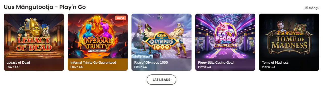 Maria Casino lobby: Play’n GO uute mängude rida koos mängu ja tootja nimega