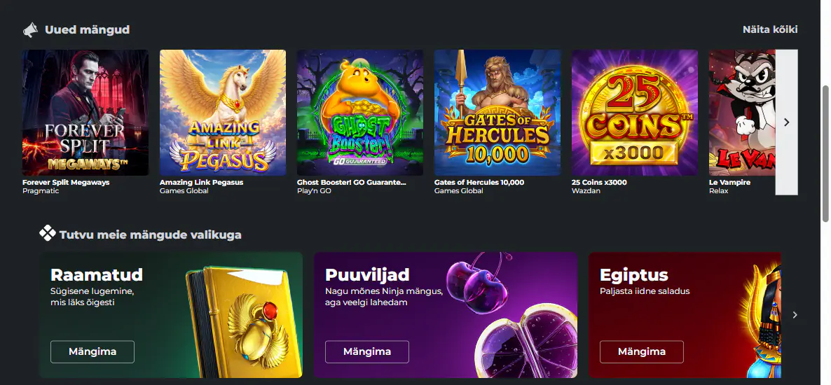 Ninja Casino uued mängud ja teemakategooriad Raamatud, Puuviljad ja Egiptus