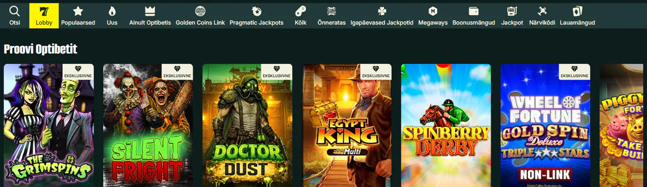 Optibeti kasiino lobby: kategooriate riba ja Optibeti eksklusiivsete slotide rida