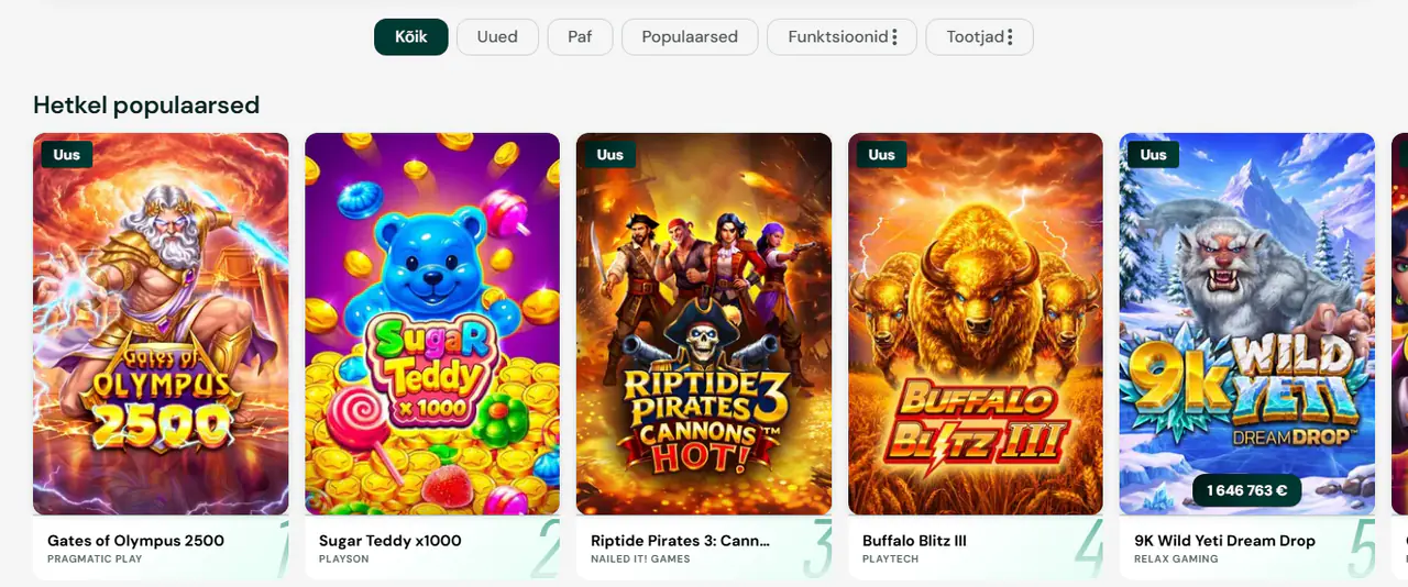 Pafi kasiino lobby: mängude filtrid ja hetkel populaarsed slotid koos tootja nimega