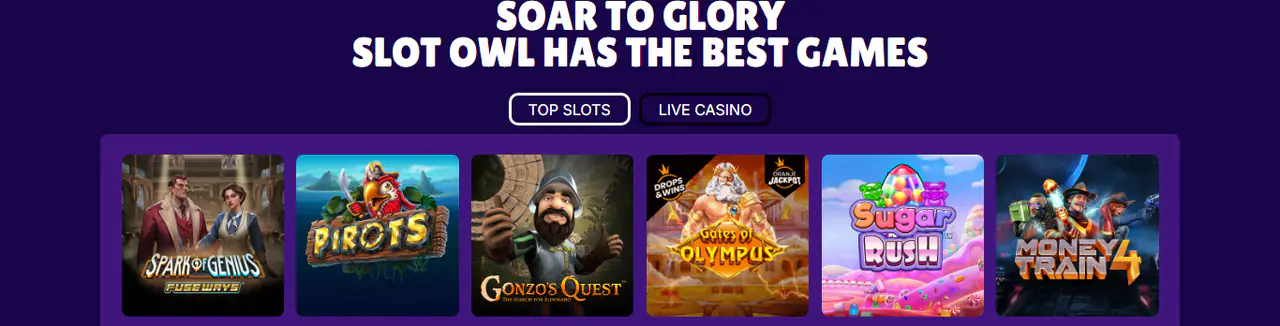 Slotowli populaarsed slotid vahekaartidega Top Slots ja Live Casino, sh Pirots ja Gonzo’s Quest