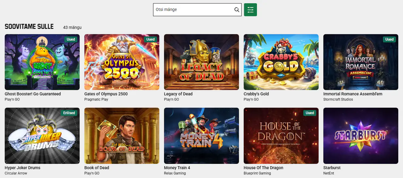 Unibeti kasiino lobby: mängude otsing ja soovitatud slotid, sh Book of Dead ja Starburst